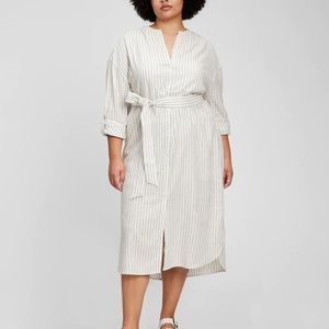 GAP Petite Linen Blend Belted Shirtdress P-Large in Grey/White stripe